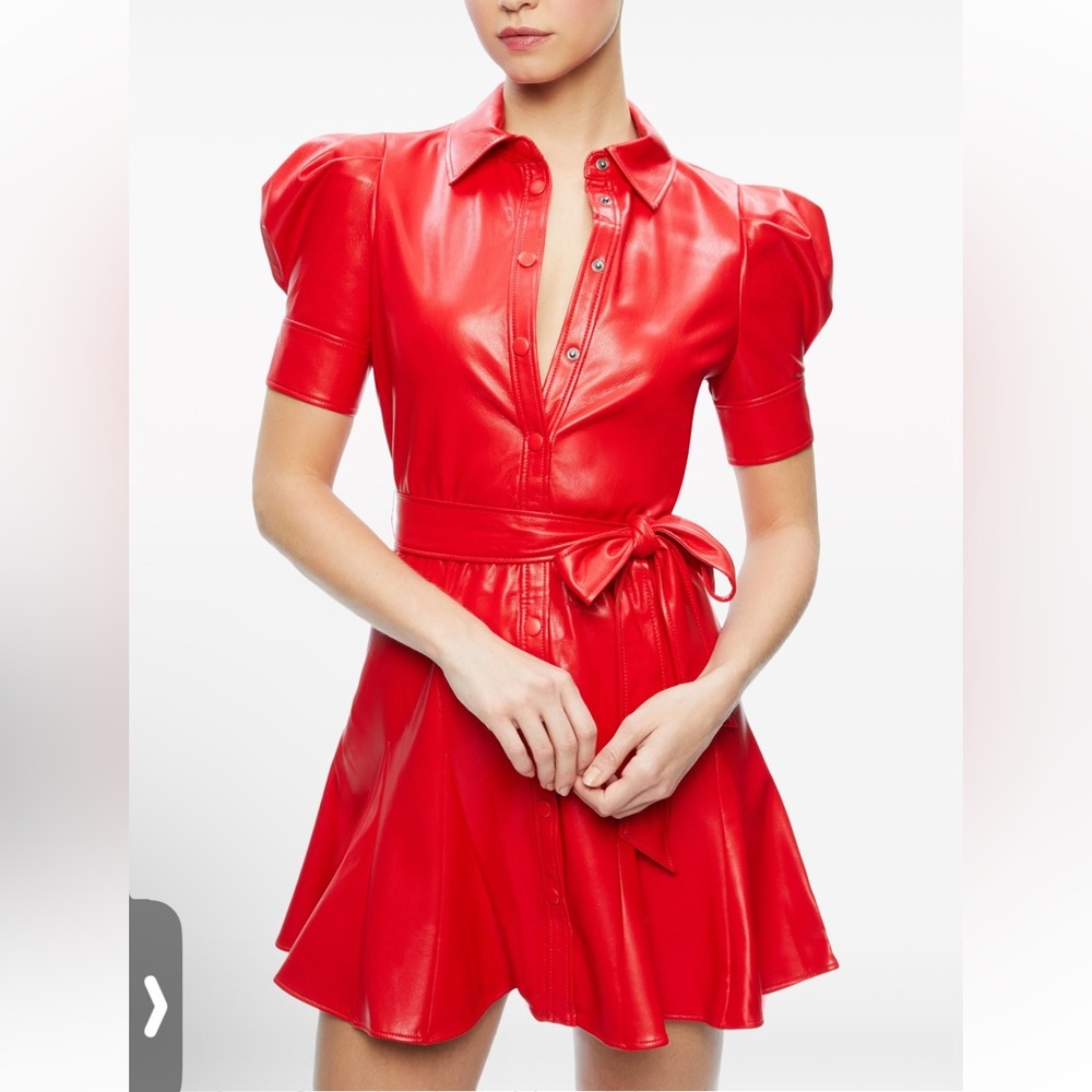 Alice + Olivia Red Faux-Leather Shirt Dress